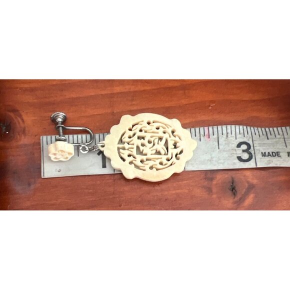 Vintage Carved Screw Back Clip On Earrings Filagree Flower 2.25" Estate 5.79g - Picture 5 of 6